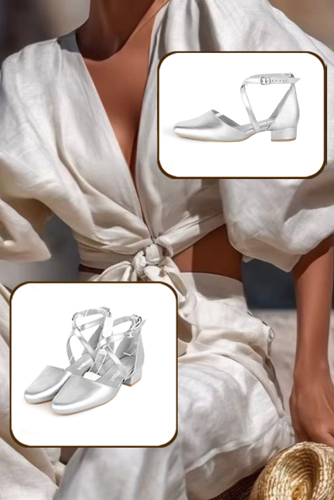 Dress heels closed-back crossed straps in silver leather with low block heels and round toe - Worn view